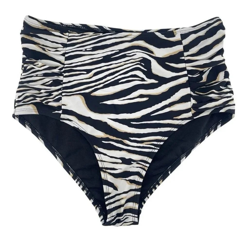 Apollo Swimwear Zebra Print High Waisted Bikini Bottoms Size Medium Ruched Sides